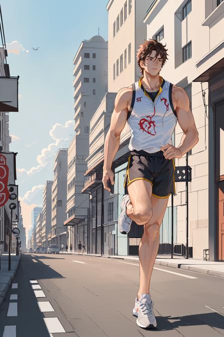 1boy,solo,sunce,musclar,looking afar,,buruma,sneakers,Running
(((masterpiece))),(((bestquality))),((ultra-detailed)),(illustration),(detailedlight), 8k wallpaper, ((anextremelydelicateandbeautiful)),dramatic_shadow,
street,citys,Clouds,afternoon,in summer <lora:sunce-3-000010:0.6>