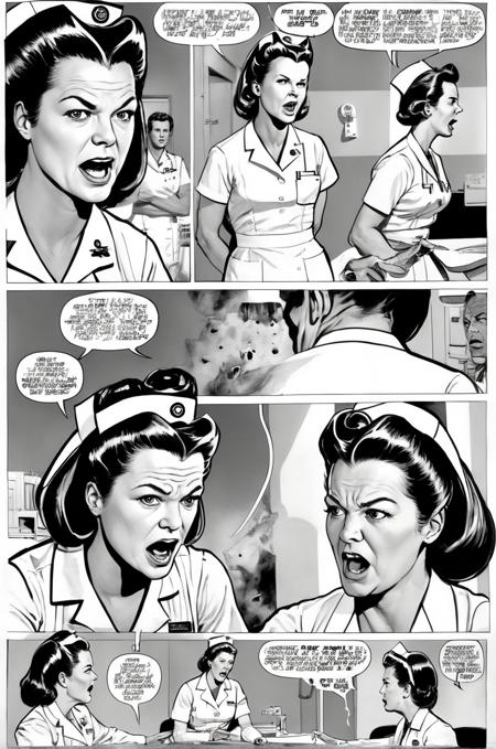 Nurse Ratched woman A full-page comic spread depicting a confrontation between Nurse Ratched and a patient, exaggerated expressions, dynamic lines, and speech bubbles containing intense dialogue