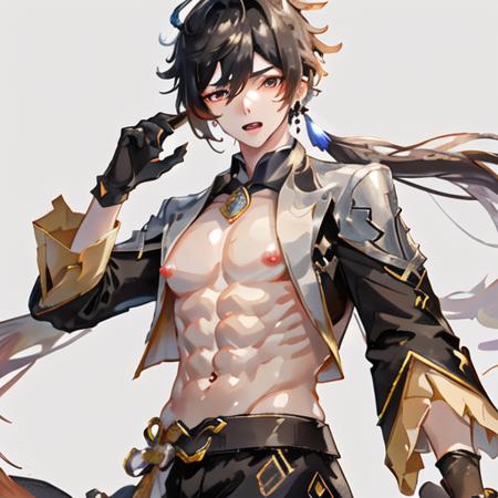 <lora:Zhongli:0.7>zhongli \(genshin impact\), abs, 1boy, male focus,muscular, toned, pectorals, nipples, open mouth, solo, looking at viewer,gloves, solo, jewelry, male focus, earrings, tassel earrings, formal, ponytail, black gloves, tassel, long hair, single earring, looking at viewer, suit