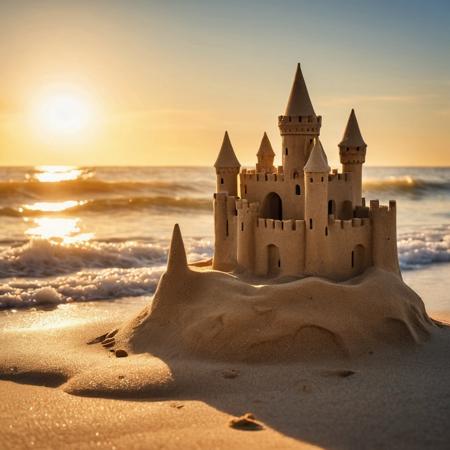 digital art, 
professional photo: a small handmade sand castle stands on the seashore, 
waves wash it away, 
dawn. the sun's rays play, 
fall on the castle, 
play of light and shadow, 
splashes, 
sun glare, 
close-up, 
hyperrealistic, 
HDR
