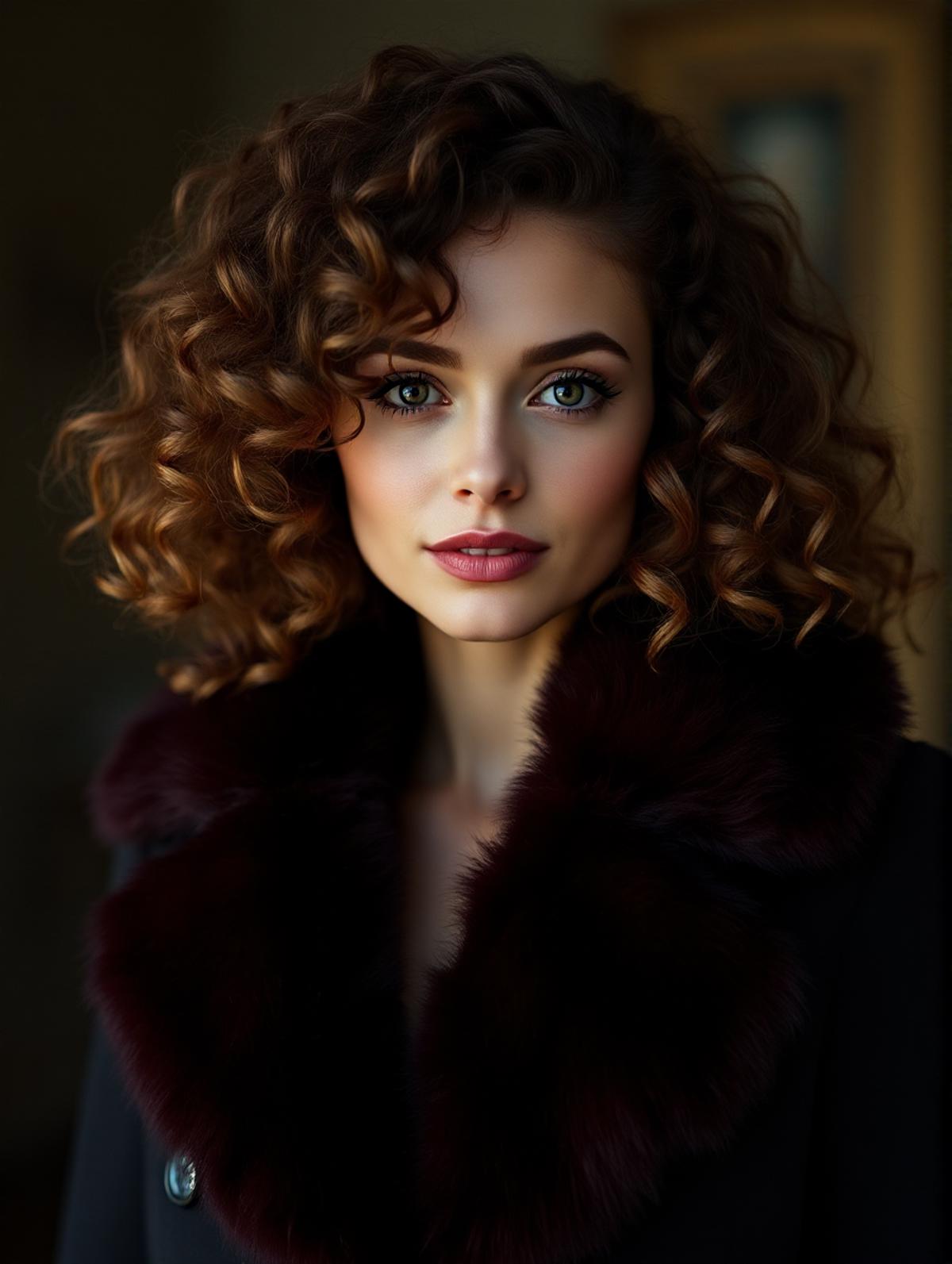 a beautiful woman,Curly Frizzy Hair,colored tips,dressed in a tailored coat with velvet trim and a fur stole,(high quality awardwinning masterwork 4k highly detailed),Fujichrome Provia 100F,Cold Lighting