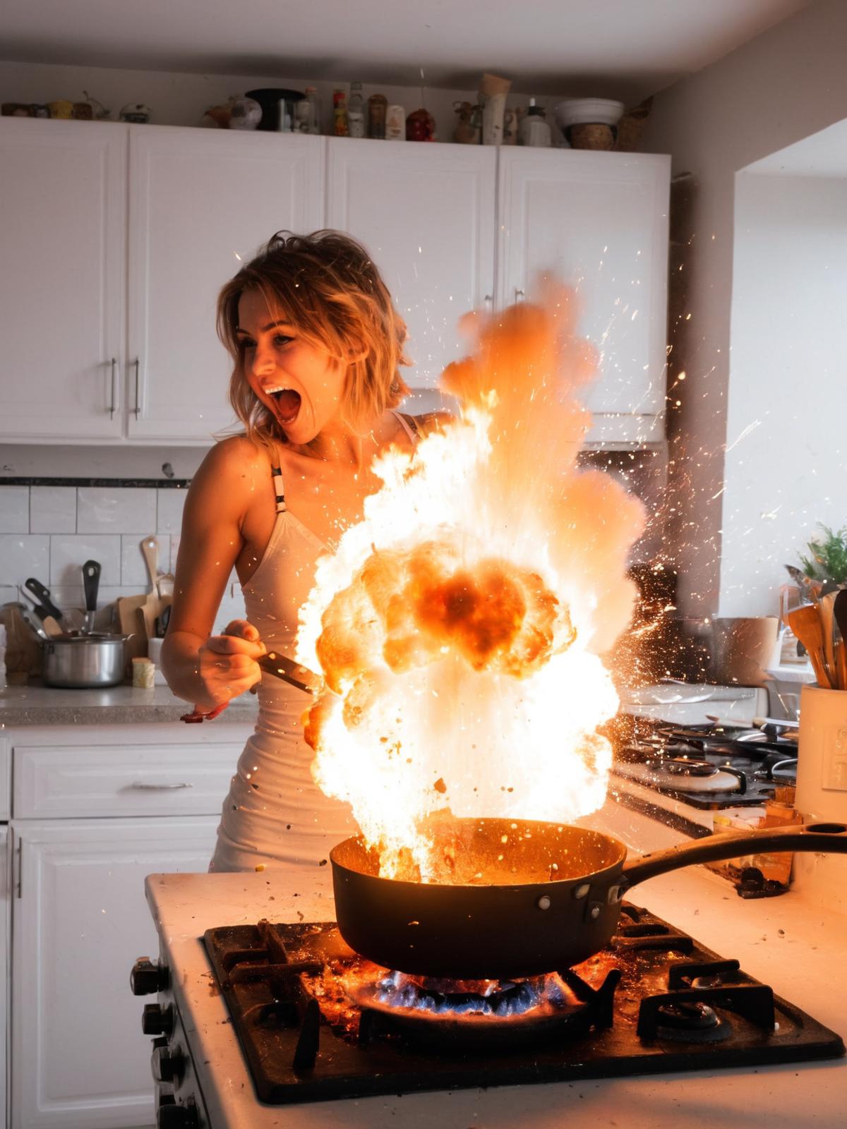 Woman Cooking in Kitchen with Flames and Smoke from Fire
===================================================================