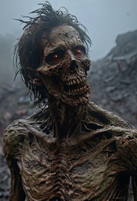 1boy, A diseased adult male ghoul, decaying body, alive, in a catacumb, dead flesh, putrefied skin, hollow eyesockets, molten hair,
(foggy background, epic realistic, rutkowski, hdr, intricate details, hyperdetailed, cinematic, rim light, muted colors:1.2), post-apocalyptic background
