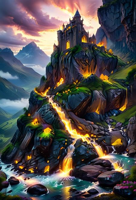 (by Ellen Jewett:1.5), (Bioluminescent Impressionism, Scottish highland  landscape, Flow in the Name of fire* *Channel_42* *中* *Broadcasting* *Artificially_Atypically_Autistically* *Magnetic**Synesthesia* *fire* *lightning*, The Dreamland, green earth, heather, sky sunset, sunrise ,waterfall, great castle on a crag, Crag, highland mountains, ethereal landscapes, depth of field, biotech emotion:1.3) <lora:xl_more_art-full_v1:0.5> <lora:add-detail-xl:1> <lora:RMSDXL_Creative:2>*Channel_42* ral-wlfnte
