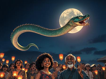 Beneath the vast expanse of a deep, dark blue twilight sky, a colossal serpentine dragon weaves gracefully through the air, its shimmering emerald scales catching glimmers of silver light from the full moon that dominates the backdrop. The dragon stretches its long, sinuous body, each undulation creating a mesmerizing spectacle that captivates the gathered villagers below. They are a diverse group, reflecting a tapestry of ethnicitiesâsome with rich brown skin adorned in vibrant fabrics, others with lighter complexions, all wide-eyed with wonder as they watch the aerial performance. Among them stands a young girl with curly black hair, her face illuminated by both moonlight and the warm glow of several lanterns, her bright expression a mixture of awe and joy. Beside her, an elderly man with weathered skin and a twinkle in his eye chuckles softly, the lines on his face deepening as he points skyward, sharing the moment with those around him. The lighting is soft yet dramatic, with the punchy silver of the moon creating stark contrasts against the cool, rich blues, while the amber glow of lanterns adds warmth to the scene, casting gentle shadows that dance on the villagers' faces. The cinematography employs a slightly grainy texture reminiscent of classic films, enhancing the scene's nostalgic charm, while a mild color grading amplifies the blues and greens, deepening the atmosphere of enchantment. In this captivating moment, as the dragon performs playful loops and spirals, the villagers erupt in cheers and laughter, creating a harmonious blend of wonder and community beneath the majestic silhouette of the moonlit sky.