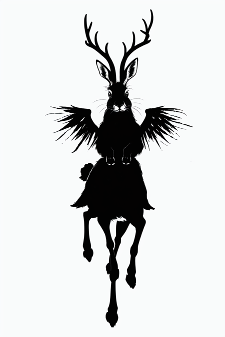 <lora:Jackawolperlopertinger:1> Jackawolperlopetinger, white background, rabbit, deer antlers, monochrome, wings, no humans