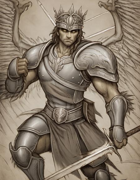 <lora:rtl1:1>rtl1  man with crown and white eyes wearing armor with wings holding sword
drawn with pencil without color, illustrated