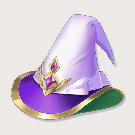 (masterpiece, top quality, best quality, official art, beautiful and aesthetic:1.2),(8k, best quality, masterpiece:1.2),(no humans),A magic hat with white feathers on a white background, blue border and gold trim, surrounded by a purple soul, solo, white background, no humans, witch hat, white headwear, gem,<lora:äºæ¬¡åLORA-000012:0.8>,