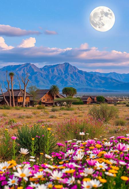 White, pink, yellow, colorful flower fields, acacia trees, tall wooden village buildings, mountains in far distance, bustling village, savannah wilds, arid prairie, detailed scenery, full moon, night, clouds, starry sky, milky way, 
best quality, sharp focus, high contrast, colorful, ultra quality, 8k, best quality,