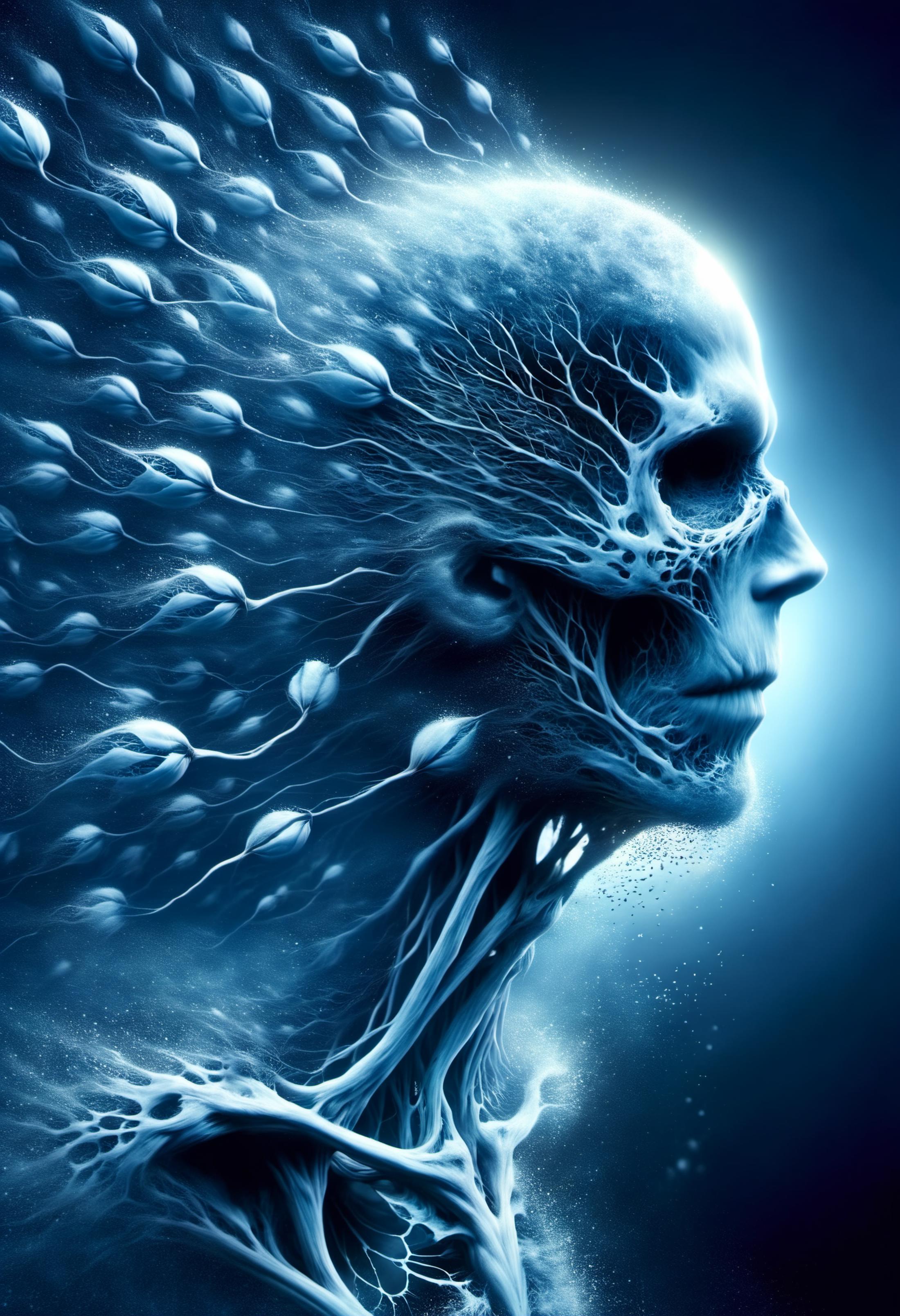 The image features a skeleton with a blue background and multiple sperm-like objects attached to it. The skeleton's head is prominently displayed, and the image has a surreal, artistic quality. The sperm-like objects are scattered throughout the scene, with some located near the neck and others closer to the head. The overall effect is a striking and thought-provoking visual that may evoke various interpretations from the viewer.