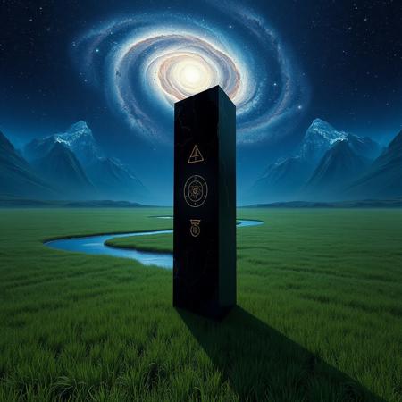 hi resolution, photorealistic, 24mm wide-angle lens. a vast grassy plain, bisected by a clear, blue river, spreads into the distance. In the foreground a tall black crystal monolith stands alone in the grass, from its surface mysterious and arcane symbols can be seen swirling within the crystal. In the back ground on the horizon, tall jagged mountain peaks rise against an inky blue sky in which a majestic spiral galaxy can be seen