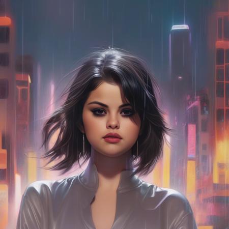 SelenaGomez,<lora:SelenaGomezSDXL:1>  [art by Atey Ghailan: (art by Artgerm:0.8) :10], painting, Odious Drab heavyset Girl, Disco Era Cybernetic Eye, Raining, Graphic novel, Figurative Art, High Contrast, sfumato