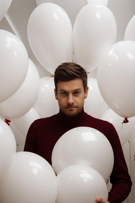 ChrisRamsey, fashion portrait photo of handsome bearded man from the 60s wearing a (red turtleneck:1.1) standing in the middle of a ton of (white balloons:1.1), taken on a hasselblad medium format camera <lora:ChrisRamseyLora:1>