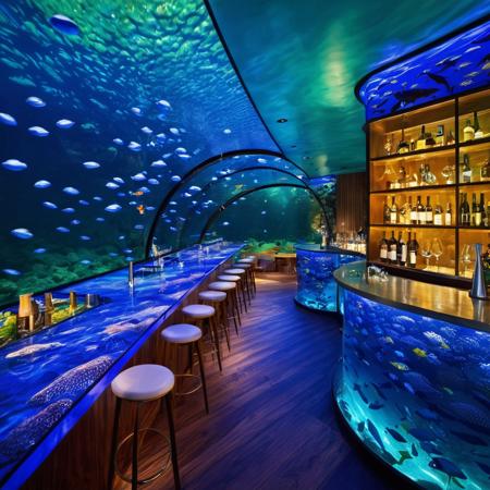 skybar,<lora:20240705-1720127504546:0.6>,(wine cabinet:1.2),(bar counter:1.2),(wine bottle:1.2),(wine glass:1.1),- Features: Large transparent glass walls and ceilings allowing a 360-degree view of the marine environment,with ocean-themed decorations such as coral-shaped lights and seaweed-textured seating.,
- Atmosphere: Tranquil and mysterious,with the gentle ripple of seawater and the subtle sounds of rising bubbles creating a sense of peace characteristic of an underwater world.,
- Style: A fusion of modern design with marine elements,using shades of blue and green,as well as patterns of water ripples and foam.,
- Background: The underwater scenery blends with the interior design of the bar,with colorful fish and slow-moving marine creatures swimming in the surroundings.,
- Lighting: Soft lighting is used to mimic the effect of natural sunlight filtering through the water,complemented by LED lights to simulate the bioluminescence of marine life.,