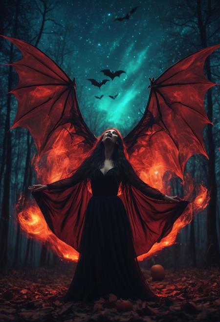 masterpiece, high quality, abstract, angelic woman, wings, screaming, vampire lady, elegant vampire clothes, centered, side view, black silhouette of a girl, (long flowy hair), flowy skirt, red bloody forest background, ((dynamic pose)), night time, dark theme, starry sky, glowing hair, cinematic, vivid colors, ((saturated neon colors)), perfect hands, anzhcdreamwave, aesthetic, Perfect Hands, aurora borealis, ((glowing halloween pumpkins)), ((bats))