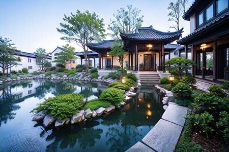 masterpiece, best quality, yuanlin, suzhou garden, traditional chinese garden, zutuan, yuanlin, scenery, tree, water pond, dark theme, high contrast, outdoors, flower, bush, lantern, stairs, plant, road, nature, stone lantern, architecture, path, sky, 