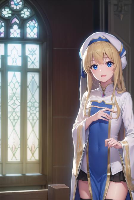 priestess, <lyco:priestess-lyco-nochekaiser:1>, 
priestess, blonde hair, blue eyes, long hair, hair between eyes, (small breast:1.2), smile, <lora:talkmouth_E_v100:1>, open mouth,
BREAK boots, dress, frilled sleeves, frills, hat, white headwear, pelvic curtain, high heels, robe, thigh boots, thighhighs, white thighhighs, long sleeves, puffy sleeves,
BREAK looking at viewer, (cowboy shot:1.5),
BREAK indoors, church,
BREAK <lyco:GoodHands-beta2:1>, (masterpiece:1.2), best quality, high resolution, unity 8k wallpaper, (illustration:0.8), (beautiful detailed eyes:1.6), extremely detailed face, perfect lighting, extremely detailed CG, (perfect hands, perfect anatomy),