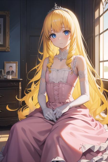 latifa fleuranza, (yellow hair:1.5), blue eyes, long hair, diadem, tiara, elbow gloves, gloves, white gloves, dress, frilled dress, long skirt, frilled skirt, corset, (pink dress:1.5),