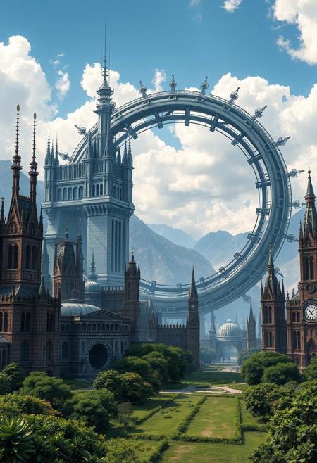 Image is a digital artwork depicting a futuristic cityscape with a massive, circular structure dominating the skyline. The style is highly detailed and realistic, showcasing intricate architectural designs. The circular building is metallic and appears to be a fusion of a traditional clock tower and a space station, with numerous spires and towers extending from its surface. Surrounding the central structure are other tall buildings with clock faces, reminiscent of Gothic architecture, featuring pointed arches and ornate detailing. The city is set against a backdrop of mountains under a partly cloudy sky, creating a dramatic and expansive scene. The foreground includes lush greenery and pathways, suggesting a blend of nature and advanced technology.