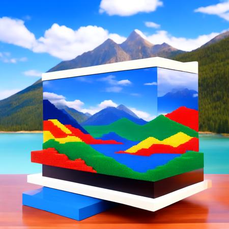 (boxedfuture style:1) a computer screen made out of legos with mountains and water in the background <lora:djzBoxedFutureV21_LoraBooth:1>