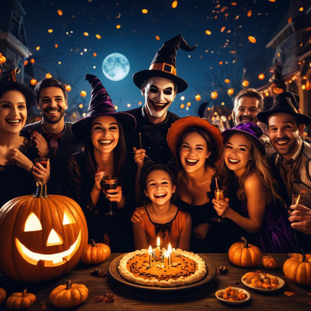 an image featuring Halloween characters enjoying a joyous and whimsical celebration, all with smiles on their faces, 48k, ultra-detailed hyper realistic, Photo-realistic, Surreal Lighting