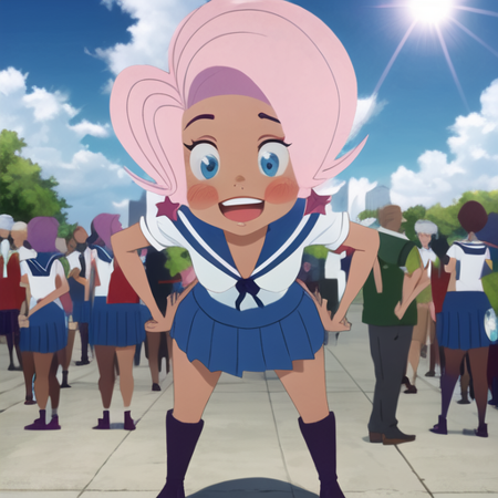 masterpiece, best quality,  <lora:Willow:1>,Willow, 1girl, blush, blue eyes, skirt, jewelry, school uniform, full body, pink hair, earrings, serafuku, dark skin, dark-skinned female, star earrings, cartoon, parody, smiling, laughing, cowboy shot, open mouth, blue skirt, blue boots, holding, books
BREAK
(school:1.3), 8K, RAW, sharp focus, (dynamic perspective), highres, close-up, (timeless beauty:1.4), A Beauty Shot, photoshop \(medium\), candid, (Joy:1.3)
BREAK
multiple girls, multiple boys, anime, (silhouettes:1.3), shadows, 1boy, 2boys, 2girls