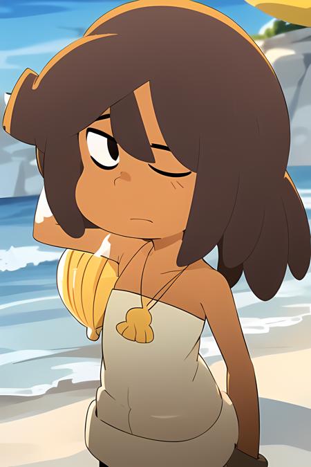 <lora:MouseDroners:0.8>mouserdroners, 1girl, short in stature, tanned skin, brown hair,  shoulder-length hair, sleeveless, strapless yellow-white dress, a yellow and white seashell necklace, sunshine, sea, beach