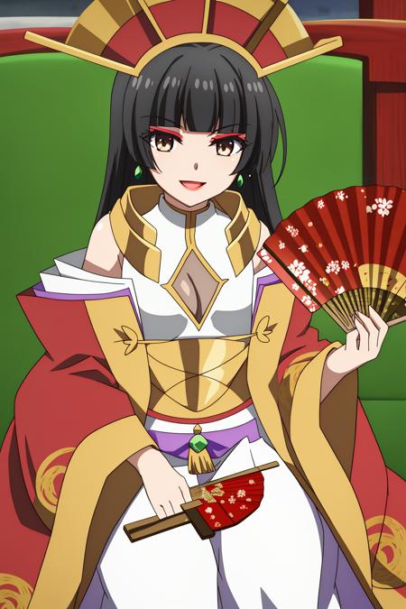 tsubaki, 1girl, solo, long_hair, breasts, looking_at_viewer, smile, open_mouth, bangs, black_hair, long_sleeves, holding, cleavage, brown_eyes, jewelry, medium_breasts, sitting, earrings, small_breasts, japanese_clothes, wide_sleeves, blunt_bangs, clothing_cutout, makeup, cleavage_cutout, hand_fan, folding_fan, holding_fan