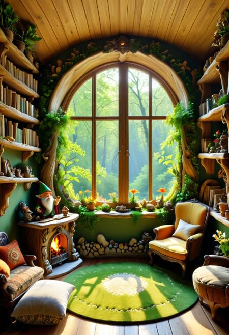 The gnome room exudes a mystical aura, filled with light and warmth. The walls are adorned with intricately carved wooden panels, while the ceiling is high and curved, resembling the branches of trees that encircle the house from outside. A soft, mossy green rug covers the floor, creating a sense of being immersed in nature.
At the center of the room, a comfortable bed with plush pillows and a blanket embroidered with vibrant flowers, reminiscent of those found in the forest, is situated. The window, offering a view of the enchanting forest bathed in morning light, has light curtains that are open, inviting sunlight to enter. Pots with flourishing plants stand on the windowsill, permeating the air with freshness.
In one corner of the room, a cozy fireplace crafted from smooth stones is found, surrounded by soft armchairs upholstered in bright fabrics. In the evenings, dwarves gather here to share fairy tales and savor the warmth of the fire. Close by, a large bookshelf is filled with books about magical creatures and adventures. On the top shelf, ancient scrolls and peculiar artifacts can be seen, further enhancing the magic of the space.
The gnome room is always filled with joy, laughter, and friendship, and each new sunrise brings hope for new adventures in the enchanting forest.