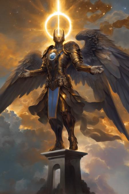 (Art by Peter Morbacher:1.3) A majestic interpretation of Archangel Michael, standing resolute on a platform of celestial clouds. He wields a fiery sword made of stardust and his wings are a burst of radiant sunbeams, illuminating the cosmos <lora:Angelarium_v1.1_SDXL-step00003000:1>