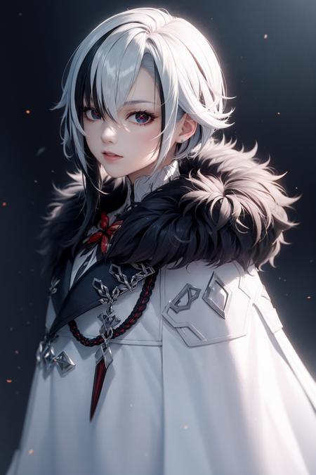 arlecchino \(genshin impact\), 1girl, grey hair,multicolored hair, short hair,black eyes, x-shaped pupils,black gloves, long sleeves, grey jacket,grey bodysuit, black pants, arlecchino \(genshin impact\), 1girl,grey hair, multicolored hair, short hair,black eyes, x-shaped pupils, bangs,  fur-trimmed coat, white coat, feathers, 