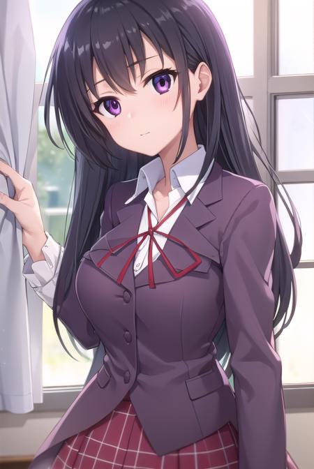 chizuruakaba, <lora:chizuru akaba s2-lora-nochekaiser:1>,
chizuru akaba, long hair, black hair, (purple eyes:1.1),
BREAK skirt, school uniform, plaid, plaid skirt, shirt, white shirt, collared shirt, jacket, long sleeves, black jacket,
BREAK indoors, classroom,
BREAK looking at viewer, (cowboy shot:1.5),
BREAK <lyco:GoodHands-beta2:1>, (masterpiece:1.2), best quality, high resolution, unity 8k wallpaper, (illustration:0.8), (beautiful detailed eyes:1.6), extremely detailed face, perfect lighting, extremely detailed CG, (perfect hands, perfect anatomy),