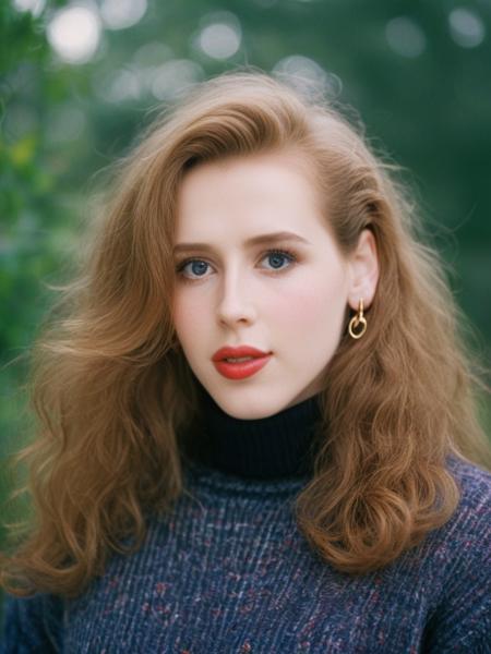 instant photo retro 1993,  score_9, score_8_up, score_7_up, shiri4llwood, shiri allwood, <lora:Shiri4llwood-sdxl:1>, 1girl, makeup, lips, long hair, big hair,  lipstick, turtleneck sweater, earrings, portrait, solo, looking at viewer, bokeh, focus, film, velvia, artistic, best quality, photograph, focus, looking at viewer, bokeh, focus, film, velvia, film grain, best quality, photograph, focus, earrings, garden