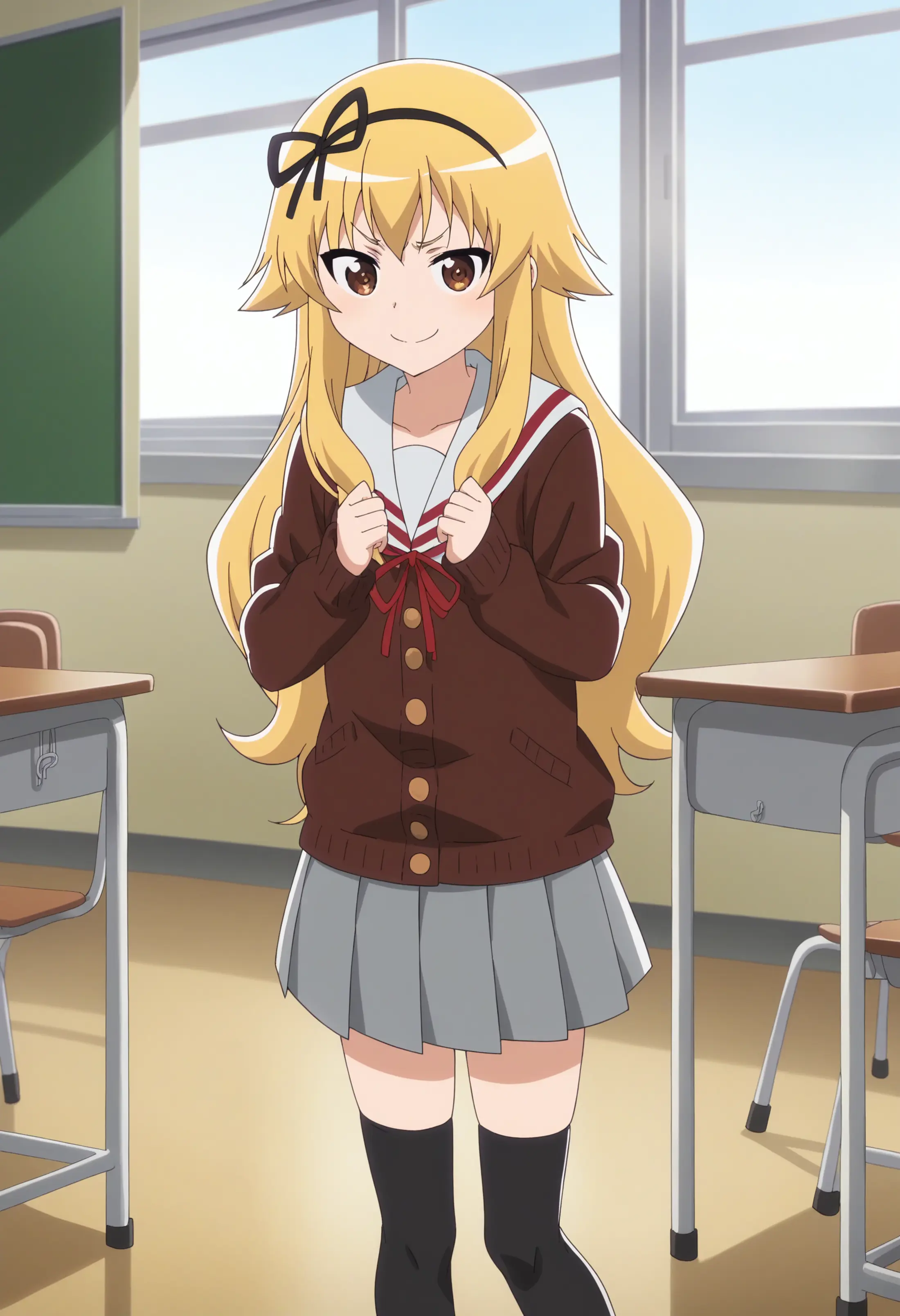 A girl with blonde hair, standing in a classroom setting. She is dressed in a school uniform, complete with a brown sweater and a red ribbon tied neatly around her neck. Her skirt is gray, and she's wearing black stockings.