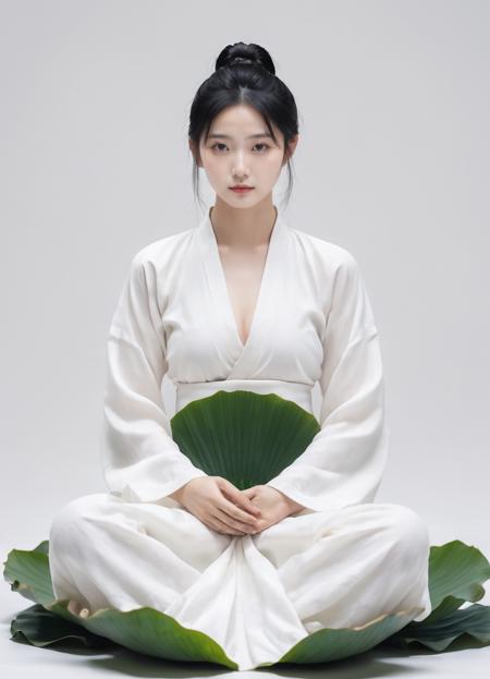 minimalism,realistic,1 girl,solo,(full body:1.4),sit slouched,(giant lotus leaf:1.1),black hair,white dress,single hair bun,(lotus leaves:1.1),long sleeves,(white_background:1.5),simple background,look at viewer,wlqc,qianjinghui,<lora:ClearHand-V2:0.6>,buddhist mood,chinese artistic conception,ink and wash,meditation,