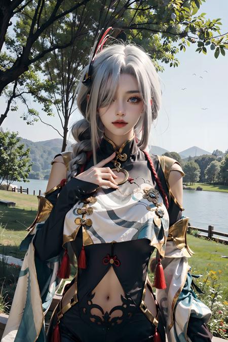 <lora:ShenHe:0.8>, shen_he, beautiful girl, ((cowboy shot)), white hair, ((very long hair)),(gigantic breasts), braid ponytail, ponytail, jewelry, hair over one eye, black bodysuit, hip vent, shoulder cutout, navel, breasts curtain, hair ornament, blue eyes, upper body,outdoors, sunshine, lawn, flowers, sunny, lake, park,