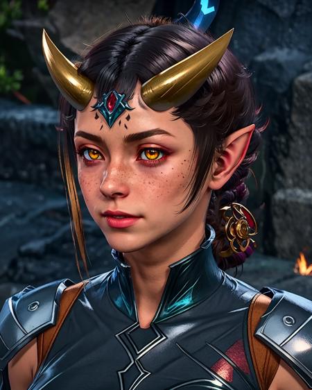 best quality,masterpiece,highly detailed,ultra-detailed, 1gril,<lora:neg4all_bdsqlsz_V3.5:-1>  <lora:bg3:1> digital art, unreal engin 5,
bg3, horns, solo, colored skin, pointy ears, red skin, portrait, 1girl, demon horns, freckles, yellow eyes, black hair, demon girl, genderswap, 1boy