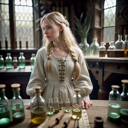 lab assistant:1.3, <lora:RPGLabs:0.8> solo, 1girl, solo, long hair, blonde hair, long sleeves, dress, indoors, blurry, window, profile, depth of field, table, ring , bottle, medium breasts, plant, quill,  (realistic:1.3), (medieval laboratory:1.1), (professional lighting:1.2)