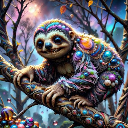 A spooky marble Cheshire sloth with beady eyes sits peacefully on a crooked tree branch, its striped fur shimmering with colorfull hues. Ethereal smoky lighting brings an atmosphere of mystery, the wind gently ruffles his fur, glowing marbles floating in the sky. The camera slowly zooms in, emphasizing his enigmatic smile and sparkling eyes, creating an intriguing and magical picture. high quality hyper-detailing, professional, filigree, glossy, super detailed, 1024k