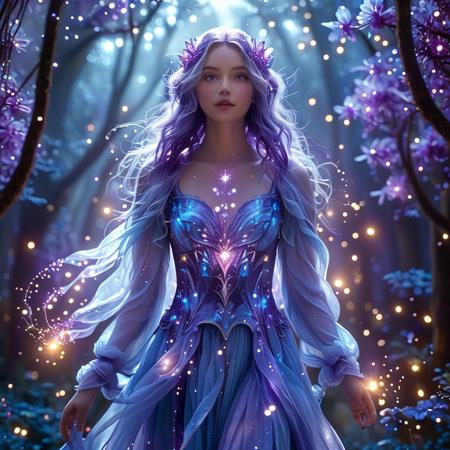 A mysterious woman glowing with a soft, blue mystic luminance, standing in the heart of a fantasy violet wonderland. Her skin emits a gentle ethereal light, casting faint halos around her form, while her hair flows like stardust, shimmering with hints of indigo and silver. She wears a gown that glows faintly with enchantment, fluttering as if moved by unseen energy. The wonderland around her is bathed in shades of violet—bioluminescent flora, floating petals, and glowing crystal trees surround her in a surreal, dreamlike haze. The air is filled with sparkles and mist, and soft magical orbs float gently by. She stands calmly, like a guardian of this otherworldly realm—radiant, serene, and filled with ancient magic, Masterpiece level quality, soft lighting, bright lighting, sharp focus, fine details, high quality, precise, high resolution, 4k, 8k,