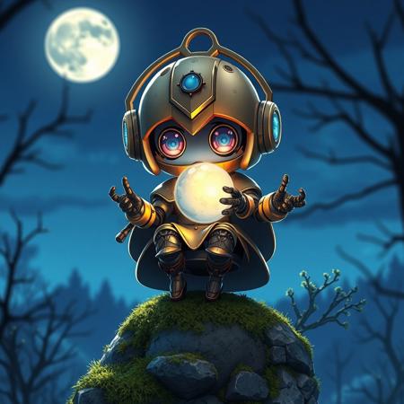 olbks  A chibi-style robotic sorceress perched atop a mossy stone pedestal at blue hour, her petite frame made of polished bronze and crystal lenses; soft moonlight creates gentle reflections across her orb and tiny articulated fingers. Style reminiscent of a high-end anime key visualâkawaii, magical, with refined lighting contrasts.