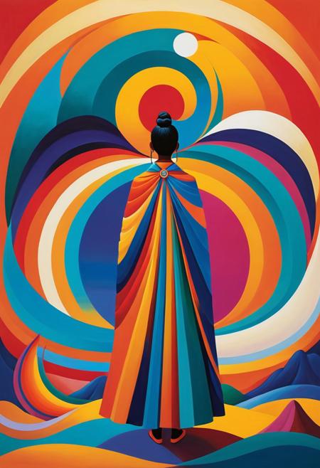 A lone figure wearing an intricate woven cape, vibrant minimalist compositions, Indian mythology, spirituality, modernism, bold flat colors, smooth flowing lines, calm and serenity, simplified dreamlike forms, deities and animals, bright saturated colors, luminous and ethereal quality, harmony and balance, spiritual connection, nature and humanity, modern yet timeless, serene and spiritual paintings, bold use of color