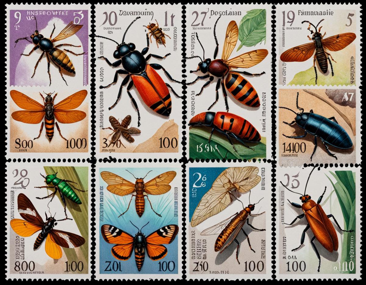 A collection of postage stamps featuring various insects.
