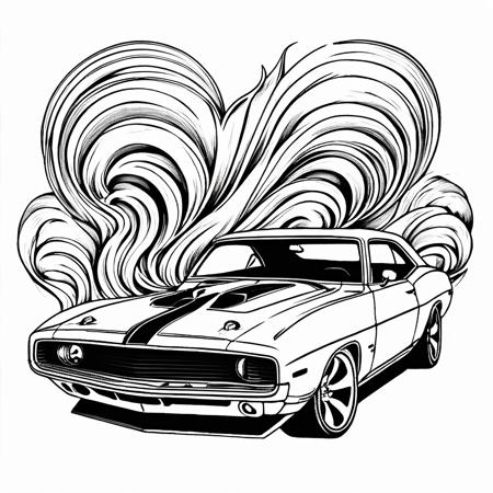 orn8 lineart design of a highly detailed muscle car doing a burnout