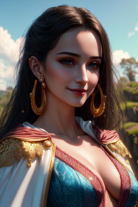 ultra realistic 8k cg, (ultra detailed background, delicate pattern, intricate detail, highly detailed, fine details), best quality, (photorealistic:1.4),beautiful lighting, absurdres, RAW photo, film grain, ((medium breasts, slim girl,  close-up, portrait)), BoaHancock, 1girl, solo, black hair, long hair, jewelry, (earrings, black eyes), ((slim girl, medium breasts)), cleavage, smile, dress, cape, epaulettes, navel, midriff, blush, collarbone, (complex detailed background, blue sky, nature environment, close-up, portrait),  <lora:DetailTweaker:0.5>,   <lora:BoaHancockTest:0.7>