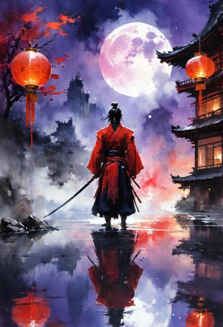 reflection,low angle, sword reflection,samurai, long hair,kimono,strapless, traditional architecture,night,(red moon:1.1),(fog:1.4),(silhouette:0.8) , (expressionless:1.3),(ghost:1.1),red fire,,fantasy, high contrast, ink strokes, explosions, over exposure, purple and red tone impression , abstract, ((watercolor painting by John Berkey and Jeremy Mann )) brush strokes, negative space,face detailed, face perfect, cleavage,