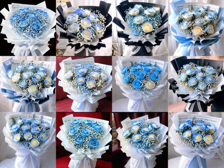 bouquet,blue rose,white rose,eucalyptus robusta,white gypsophila paniculata,white packing, <lora:BouquetLatin_V13:1>