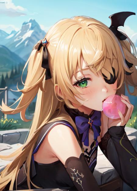 (masterpiece:1.5), illustration, 4k, 8k, (high quality:1.1), highly detailed, detailed face, HDR, vivid colors, <lora:bubblegum:1>, bubblegum, chewing_gum,  <lora:squeezerExperimental_:0.8>, blowing bubbles, bubble gum <lora:fischlGenshinImpact_v10:1>, fischldef, fischl, posing, green hills, mountains, detailed scenery, fantasy, bokeh, depth of field, blond hair