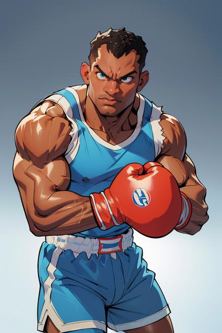 (best quality, masterpiece, ultra detailed:1.2),SFBalrog,boxing gloves,blue sleeveless t-shirt,blue shorts,fighting pose,boxing arena,detailed eyes,best quality,masterpiece,highres,perfect picture,highly detailed,high contrast,digital colors,bright colors,perfect face,looking to viewe,<lora:SFBalrogv2-stasis:0.8>,