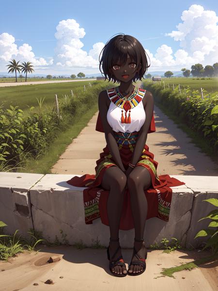 amazing intricate, black hair, short hair, dark brown eyes, (round eyes:1.3), happy, :D, medium breasts,
arms crossed, looking at viewer,
(dashiki:1.6), sandals,
from front, 
full body, ghana, arid region, sparse vegetation, sky <lora:kasshokuhada:1>